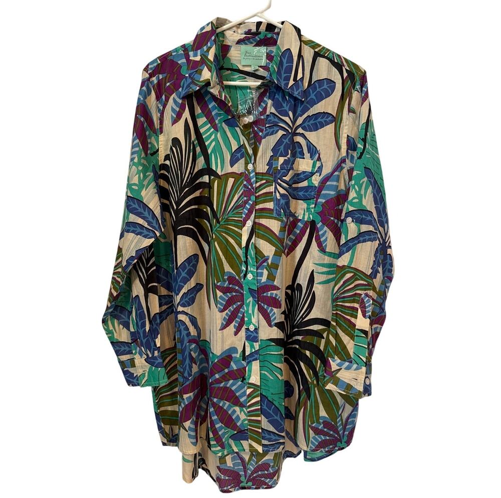 NWT True Destination Womens Sunset Shirt Swim Coverup blue white green large